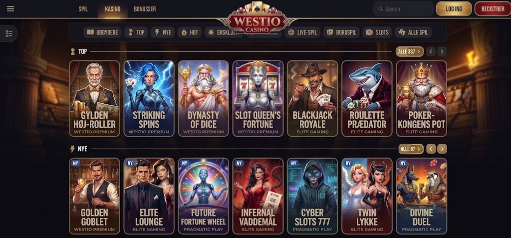 Screenshot of Westio Casino website displaying various game categories available for players.